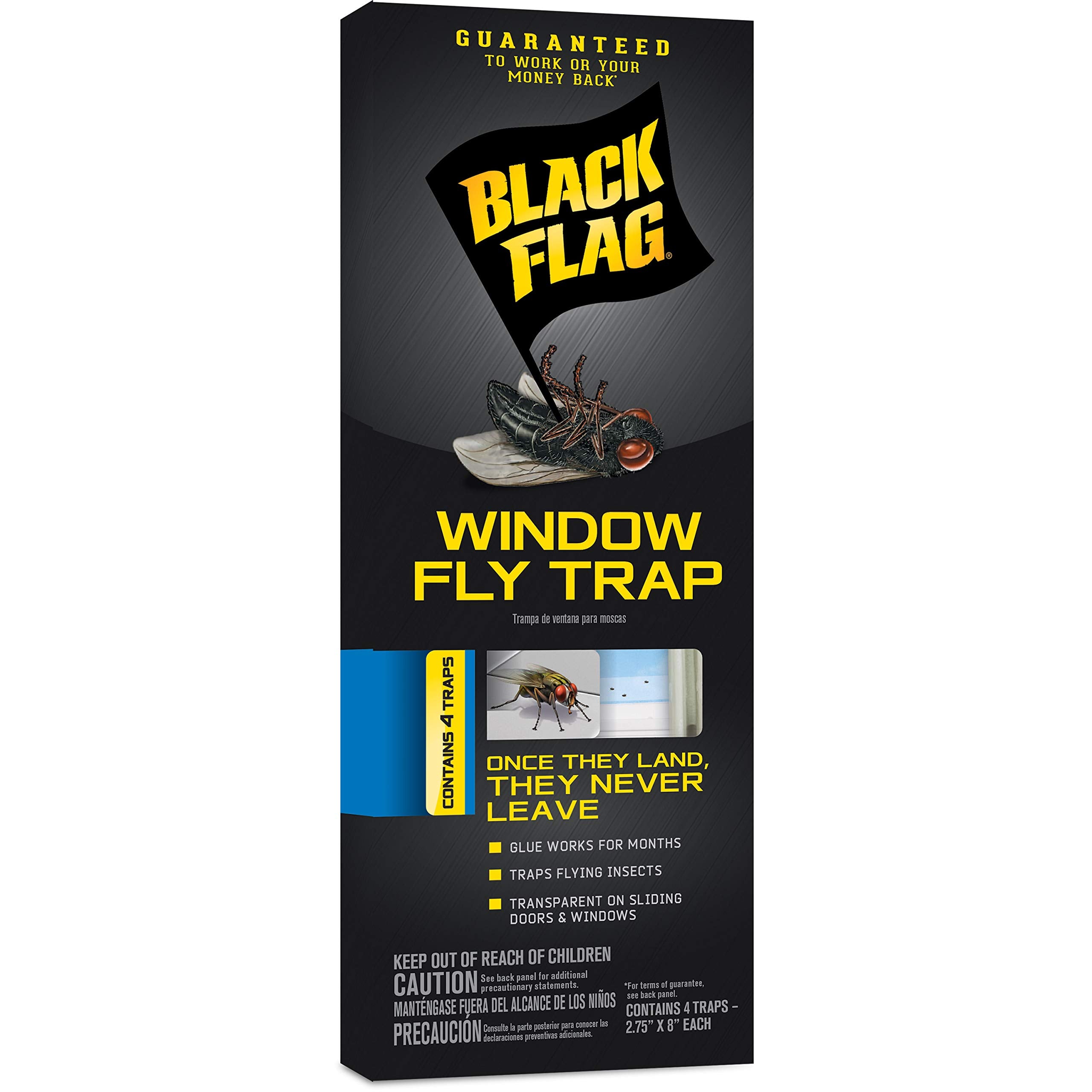 Black Flag Window Fly Trap on clear glass; discreet design helps prevent pests.