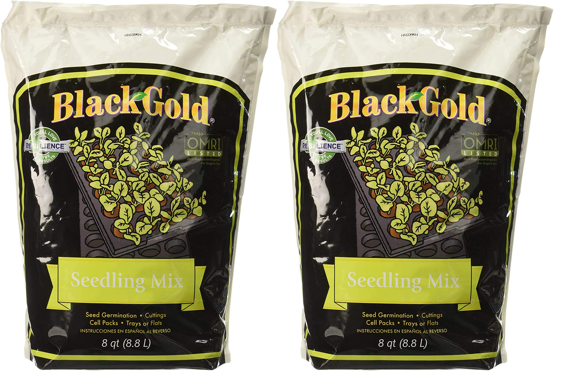 Black Gold seedling mix 8-quart bag for healthy seedling germination and root development.