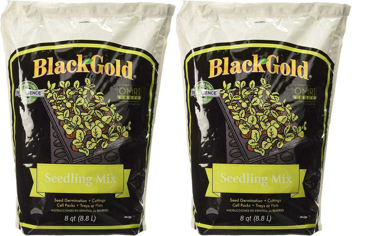 Black Gold seedling mix 8-quart bag for healthy seedling germination and root development.