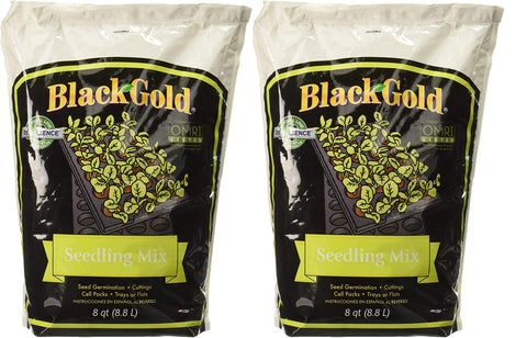 Black Gold seedling mix 8-quart bag for healthy seedling germination and root development.