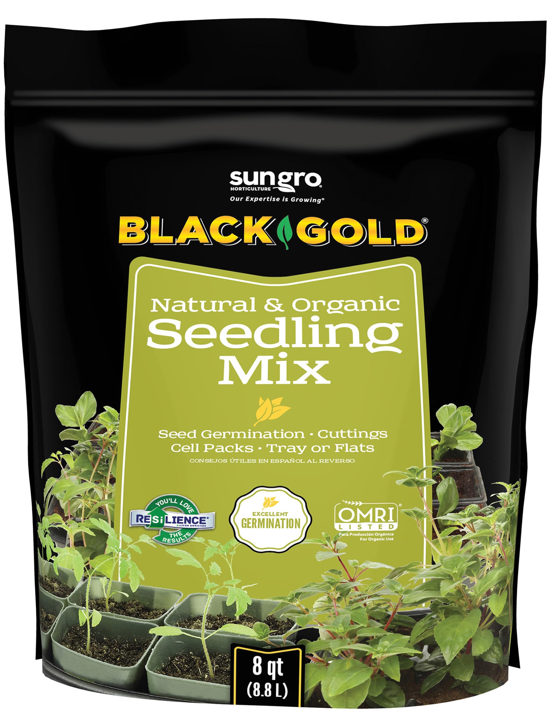 Black Gold Seedling Mix 8qt bag front ready for organic seed germination