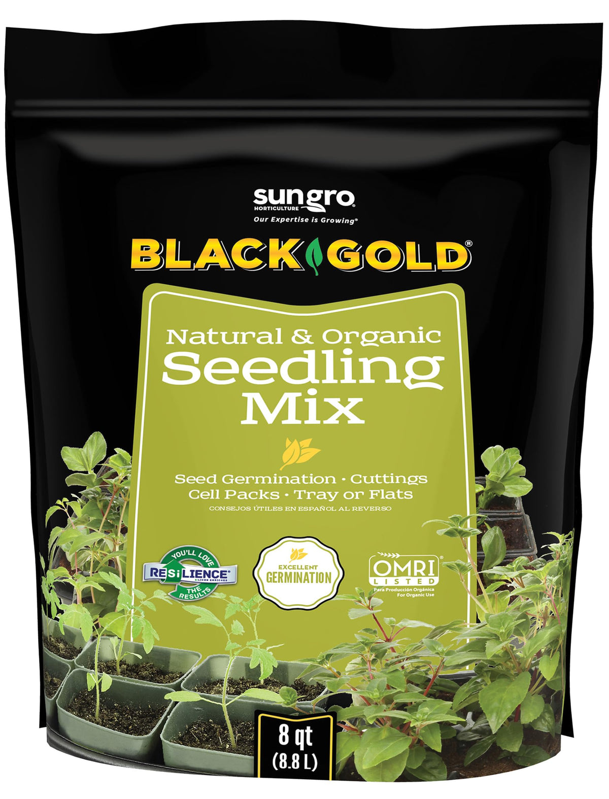 Black Gold Seedling Mix 8qt bag front ready for organic seed germination
