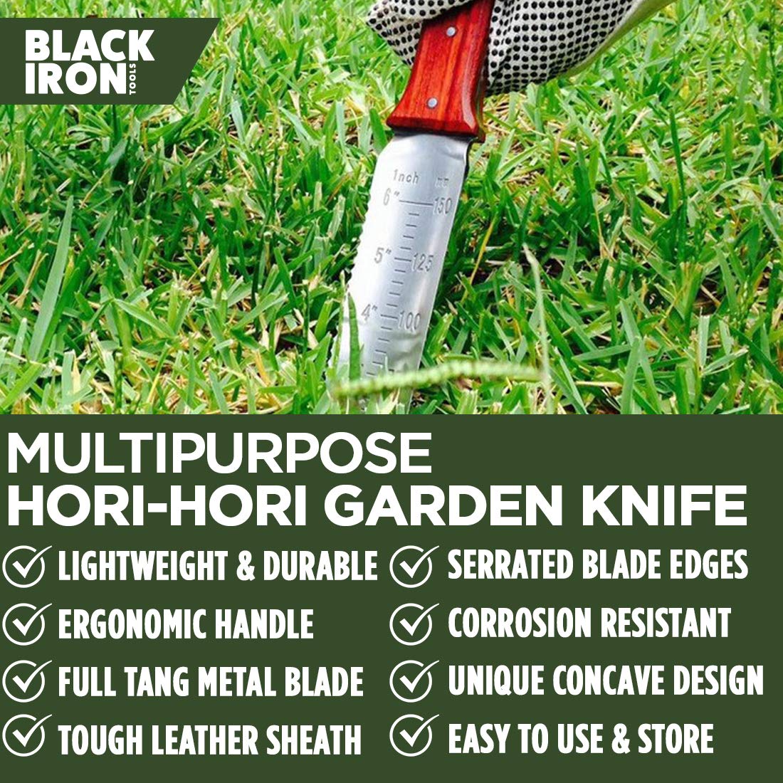 Black Iron Hori Hori knife in leather sheath for safe storage
