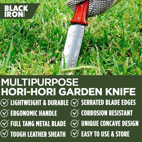 Black Iron Hori Hori knife in leather sheath for safe storage