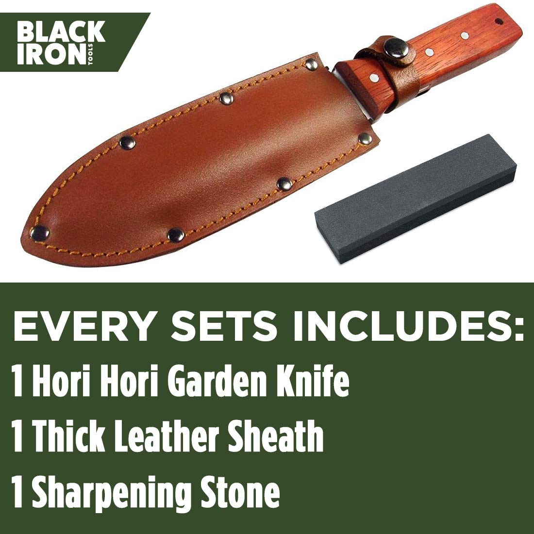 Black Iron Hori Hori knife with sharpening stone for easy maintenance