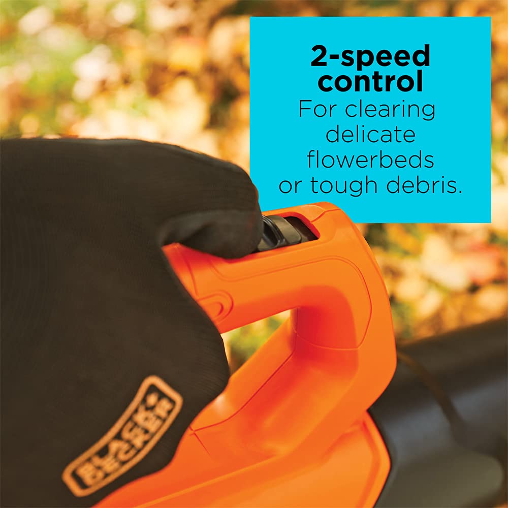 BLACK+DECKER 20V MAX blower provides up to 320 CFM airflow for leaves.