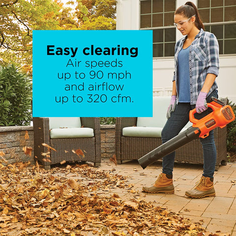 BLACK+DECKER 20V MAX blower delivers 90 mph air speed for quick cleanups.