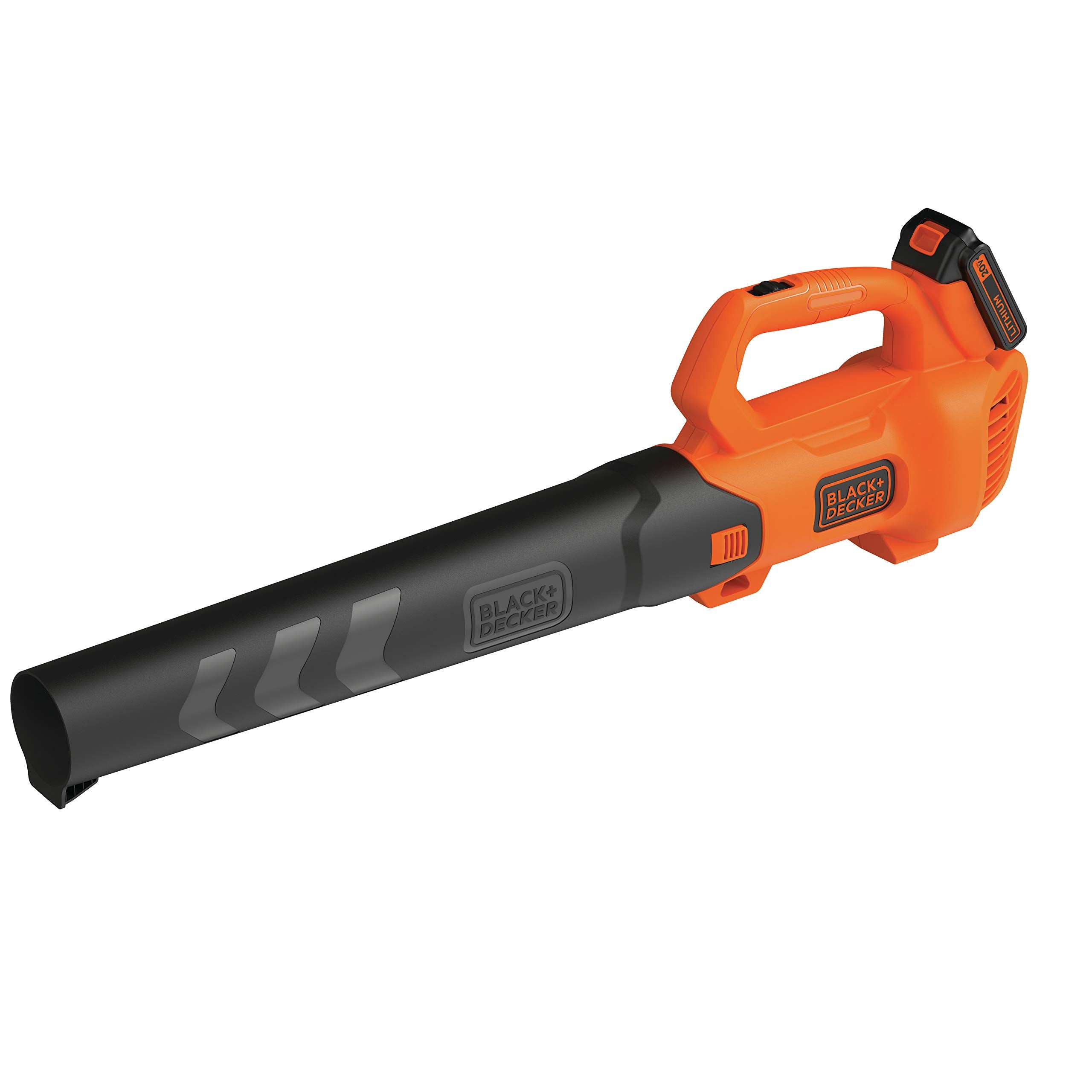 BLACK+DECKER 20V MAX cordless blower in use on sidewalk for debris clearing.