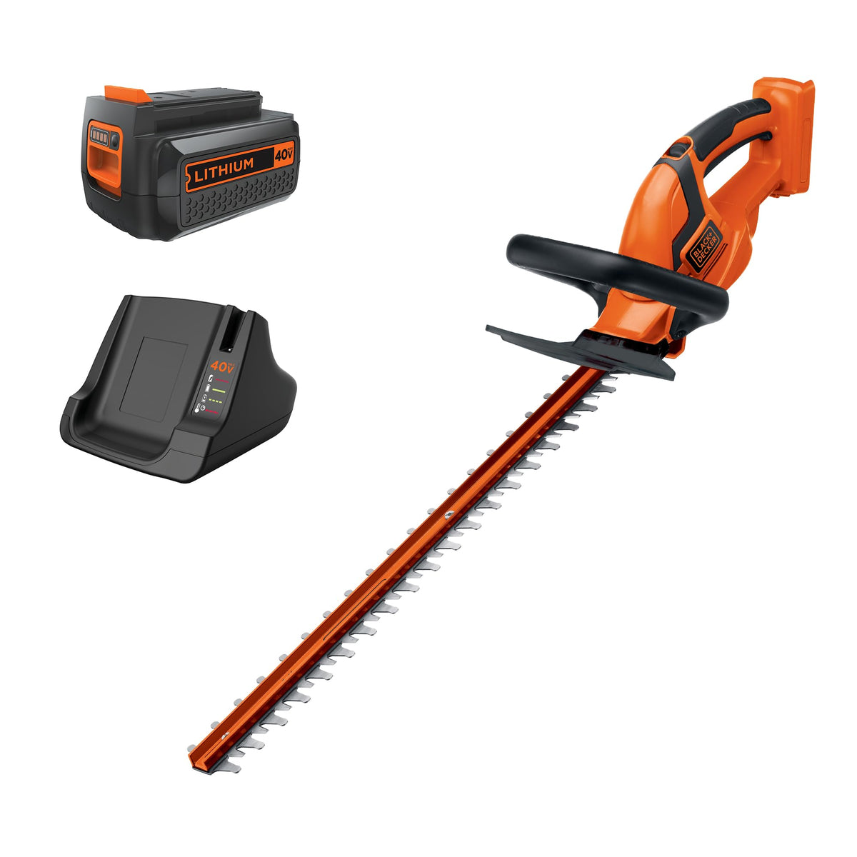 BLACK+DECKER 40V Max Hedge Trimmer with 24-inch blade for quick, clean hedge trimming.