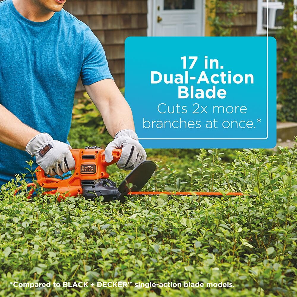 BLACK+DECKER BEHT150 compact body enables easy trimming in tight spaces.