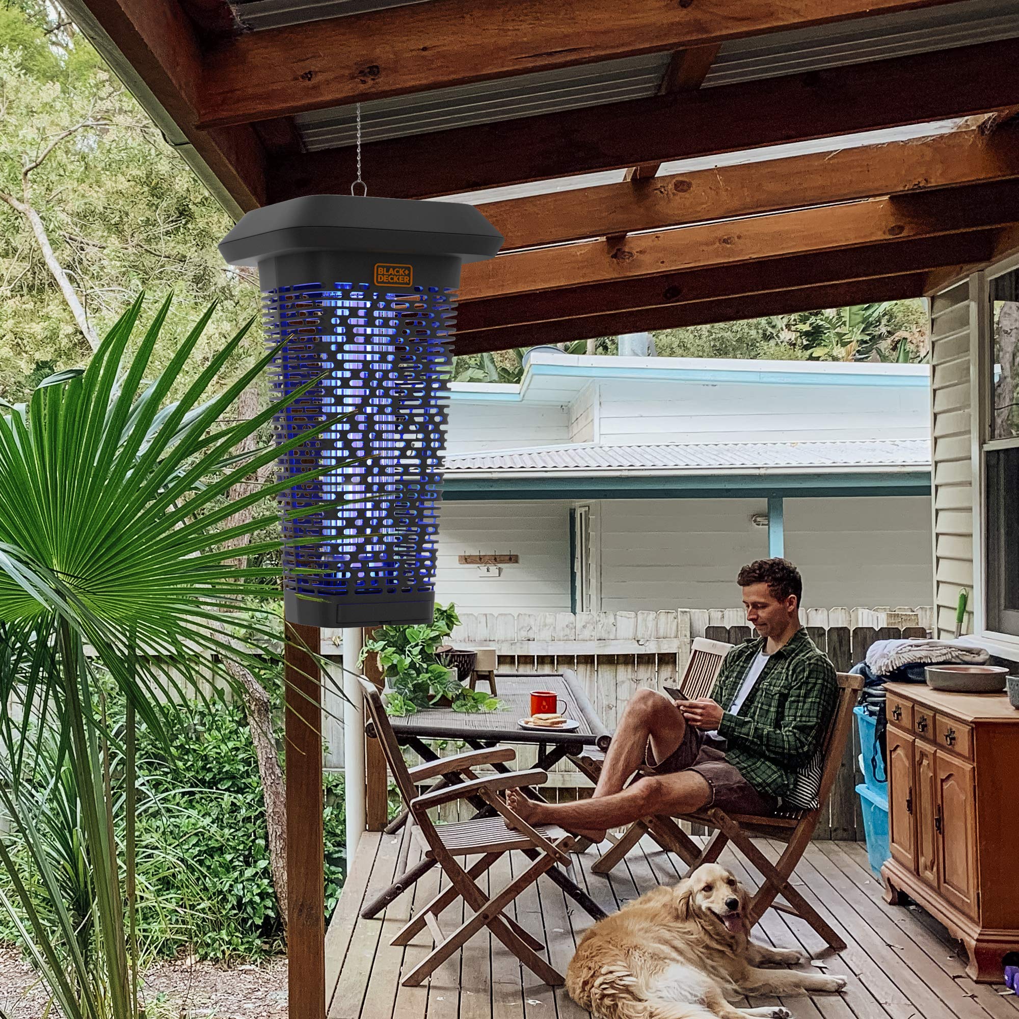 BLACK+DECKER Bug Zapper hanging via ring and chain for versatile placement
