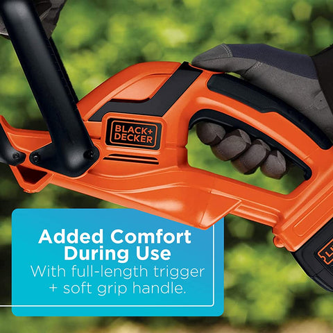 BLACK+DECKER hedge trimmer trims up to 6000 sq ft per charge.