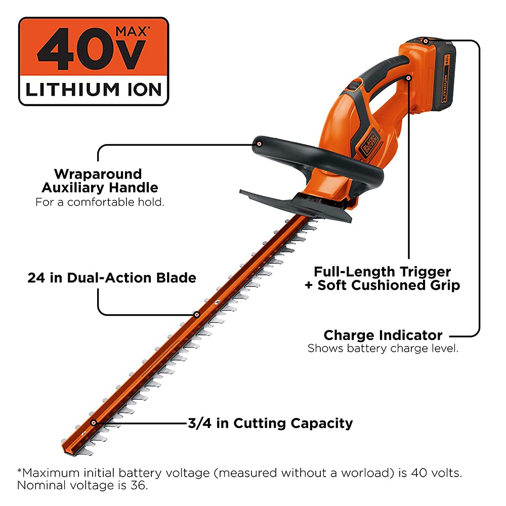 BLACK+DECKER hedge trimmer with wrap-around handle provides comfortable control.