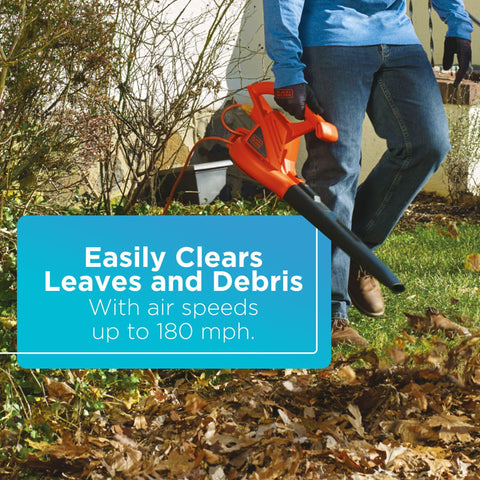 BLACK+DECKER LB700 reaches 180 mph airspeed for quick leaf clearing.