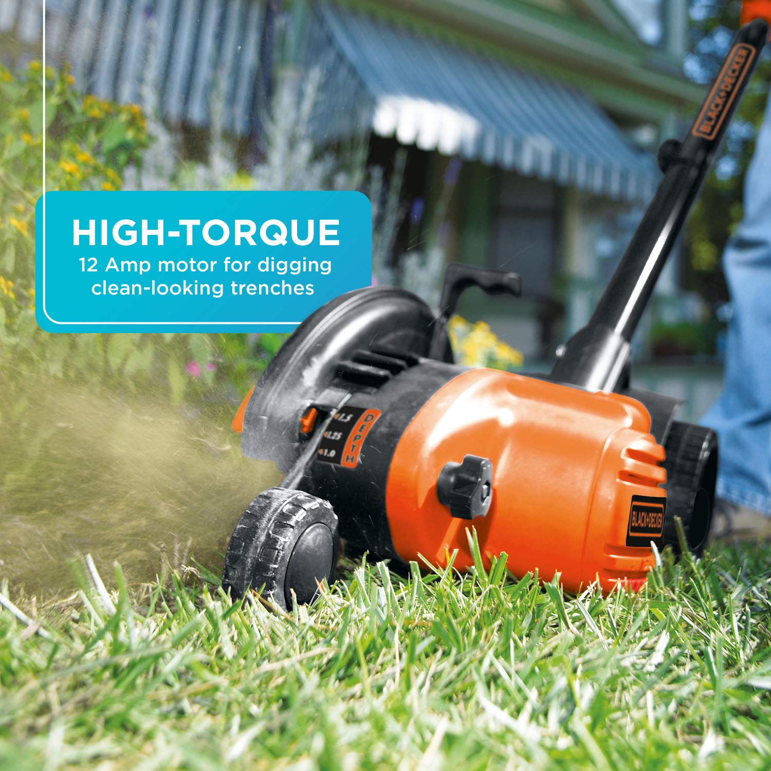 LE760FF seven-and-a-half-inch blade enables precise edging along sidewalks.