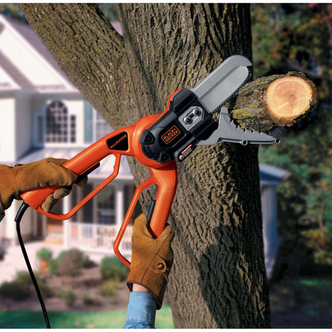 BLACK+DECKER LP1000 bar and chain ready to cut thick branches.