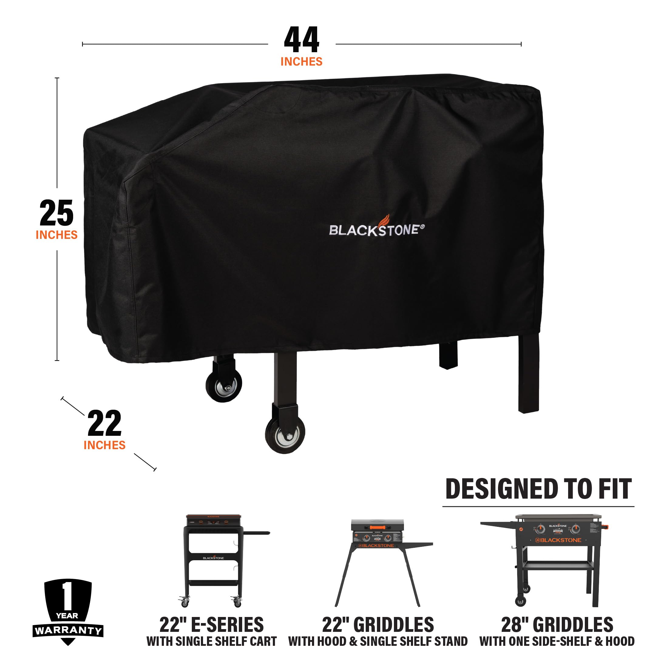 Blackstone 1529 cover dimensions 44x22x25 inches.