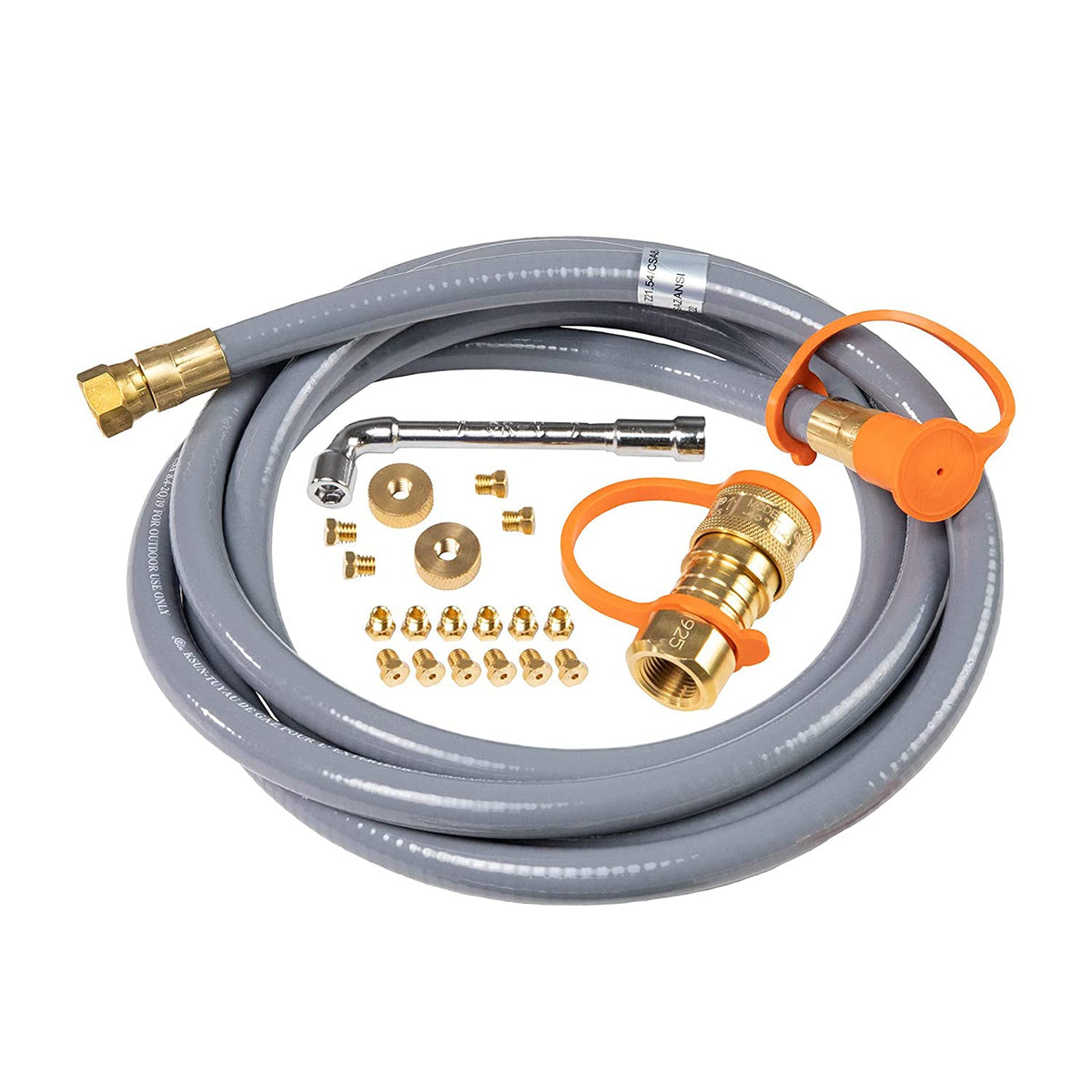 Blackstone 5249 conversion kit hose and fittings for natural gas, enabling steady outdoor cooking.