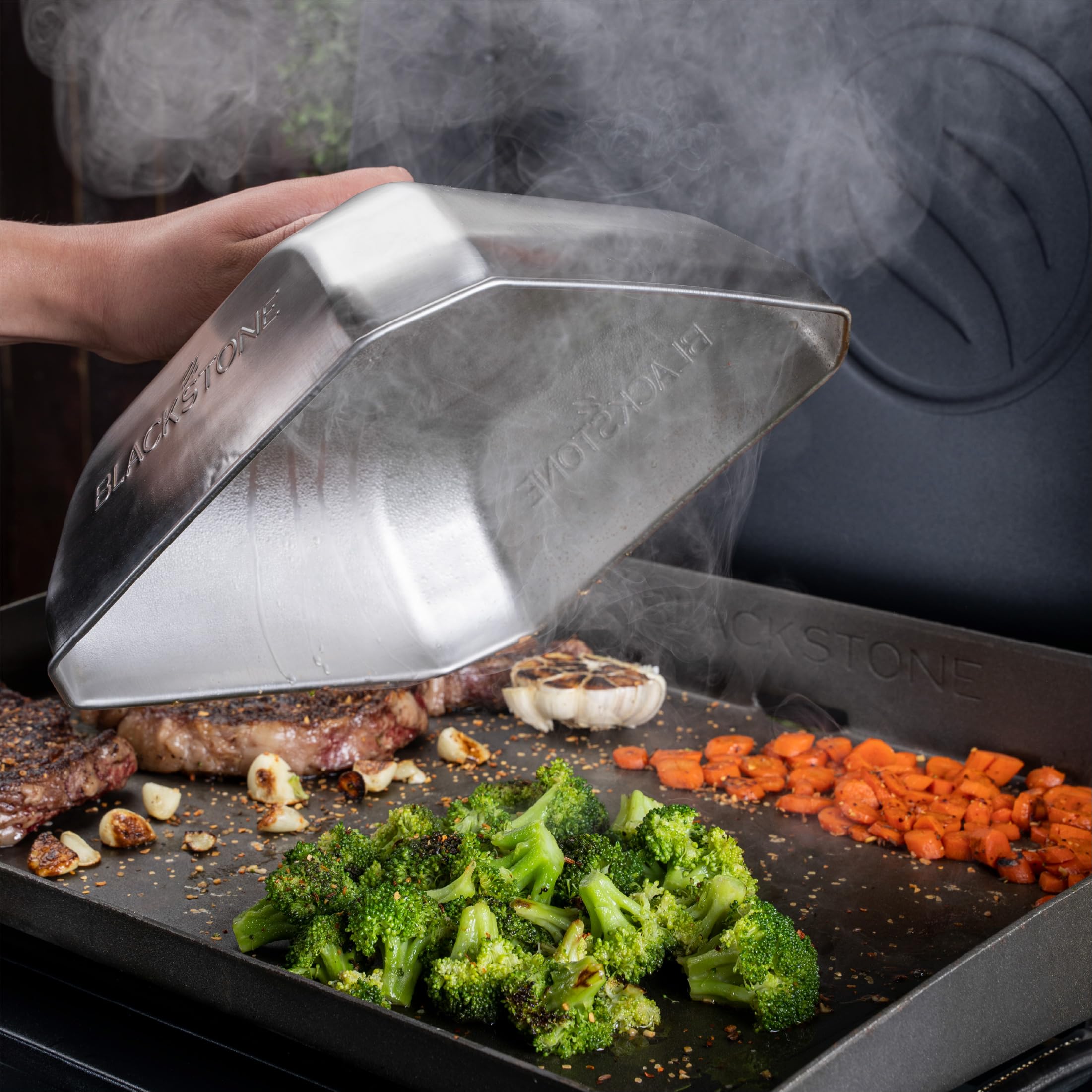 Blackstone 5555 square lid melting cheese over burgers for melty tops
