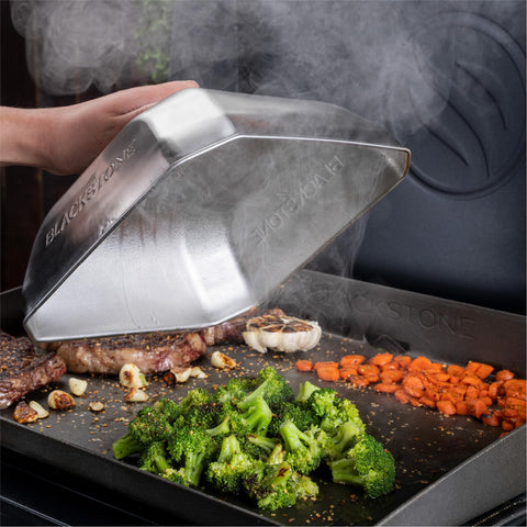 Blackstone 5555 square lid melting cheese over burgers for melty tops