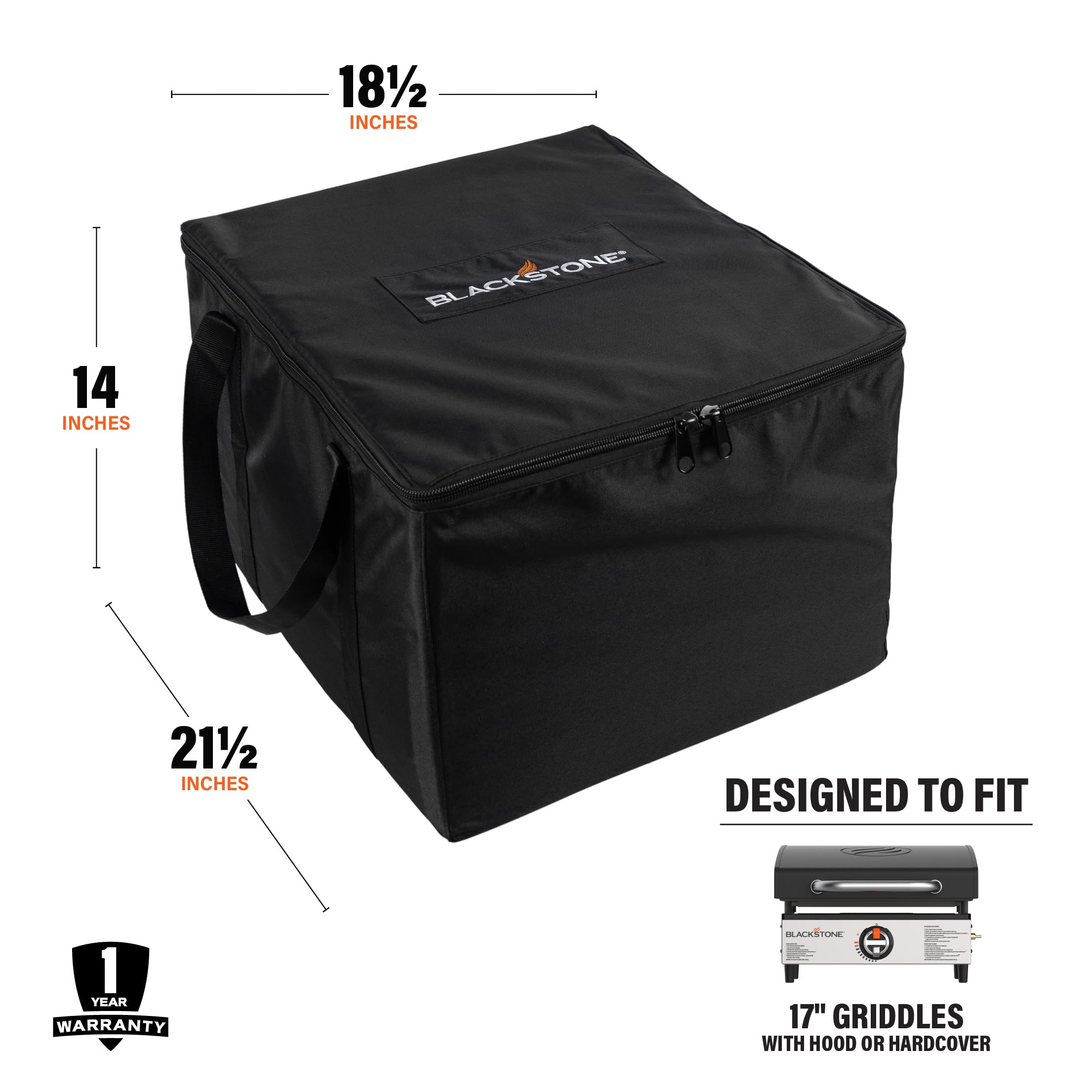 BLACKSTONE heavy-duty zippers and handle enable easy carrying at outdoor cooking events.