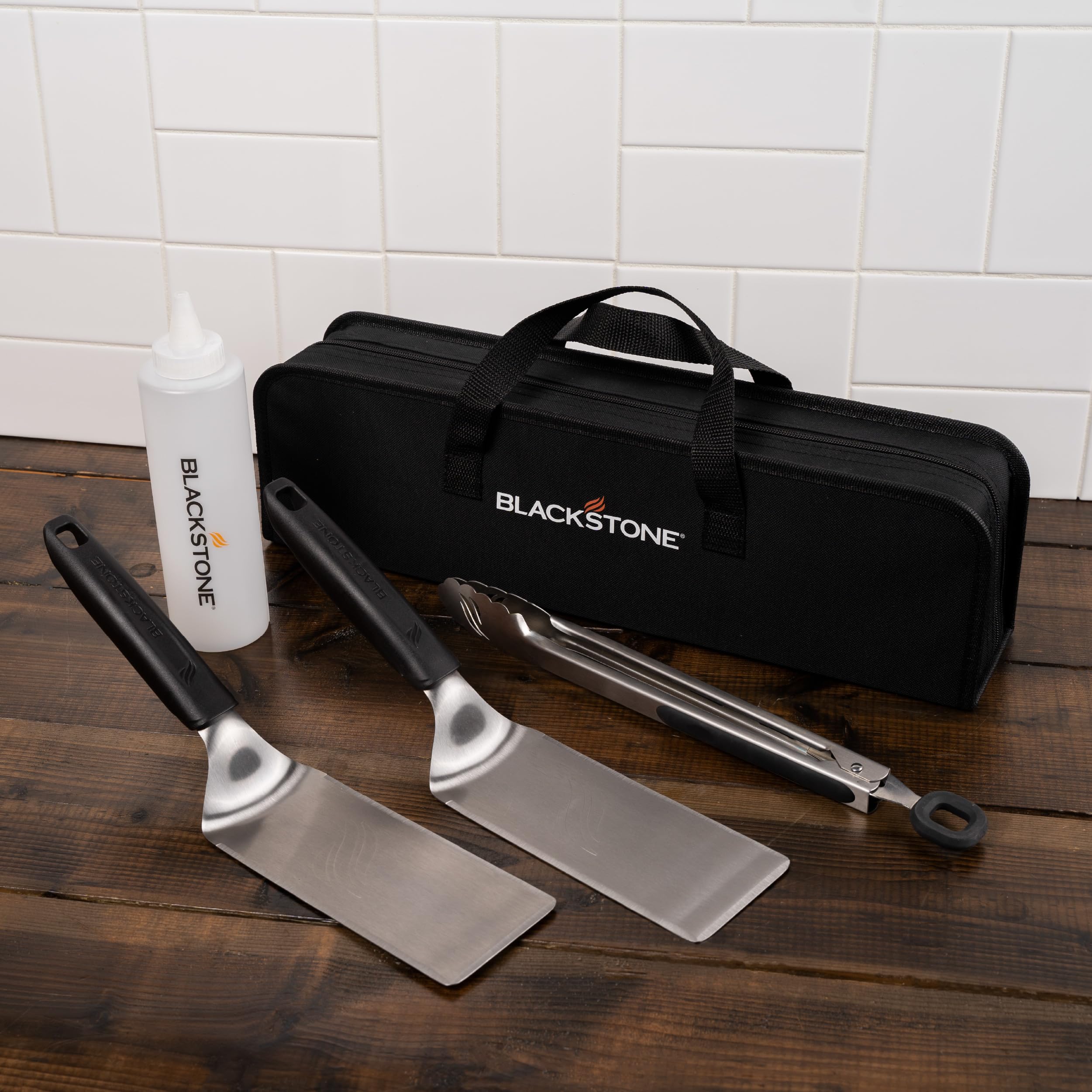 Blackstone stainless steel spatulas for durable flipping and scraping on hot griddles.