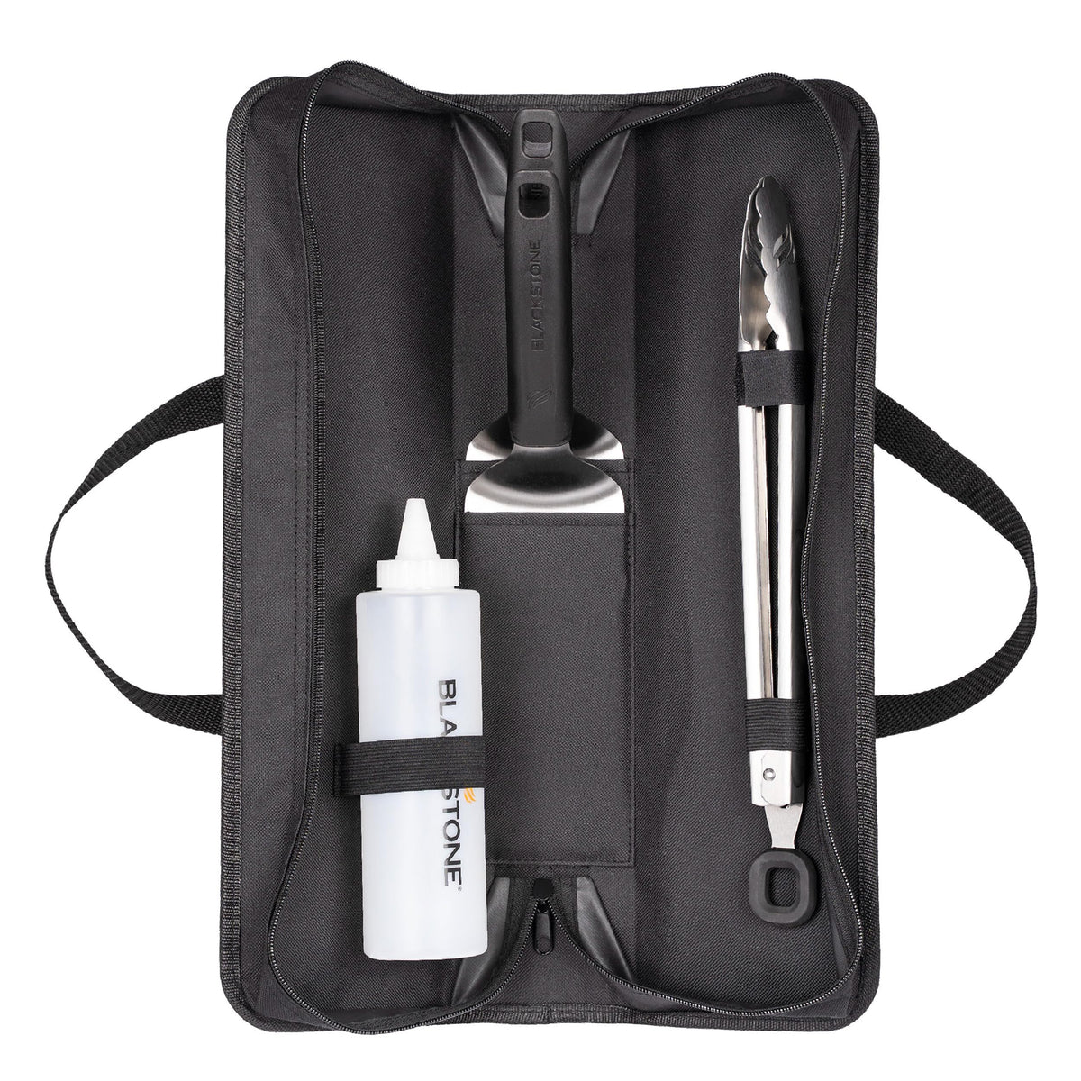 Blackstone tabletop 5-piece griddle tool kit with spatulas and tongs for easy griddle flipping.