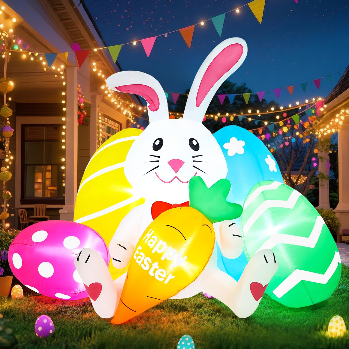 Blafly 6ft Easter inflatable bunny holding carrot adds festive curb appeal