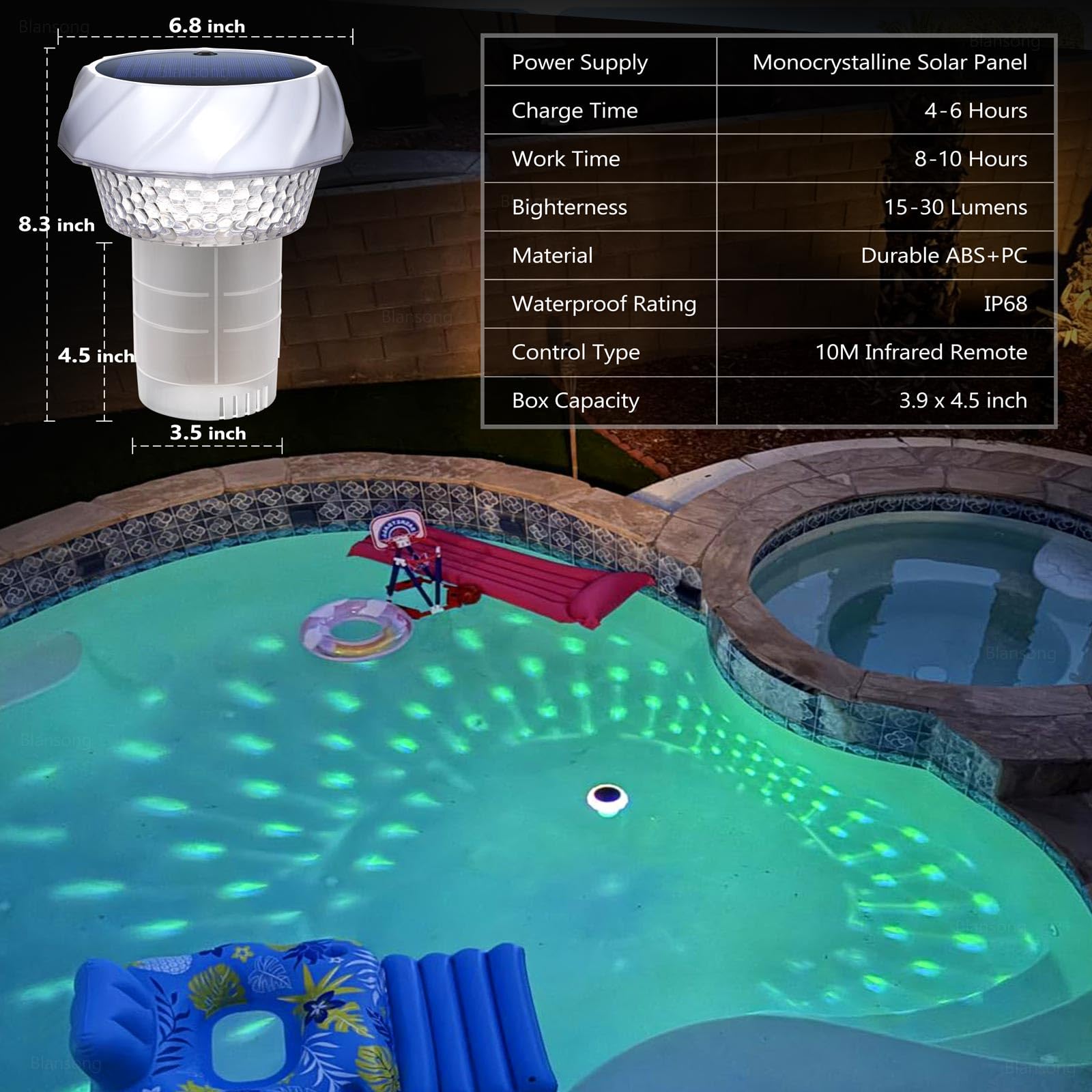 Blansong solar floater with timer function controlling chlorine release