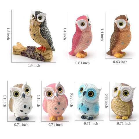 BLAPNK owl figurines seven-pack enhances dollhouses and moss landscape scenes.