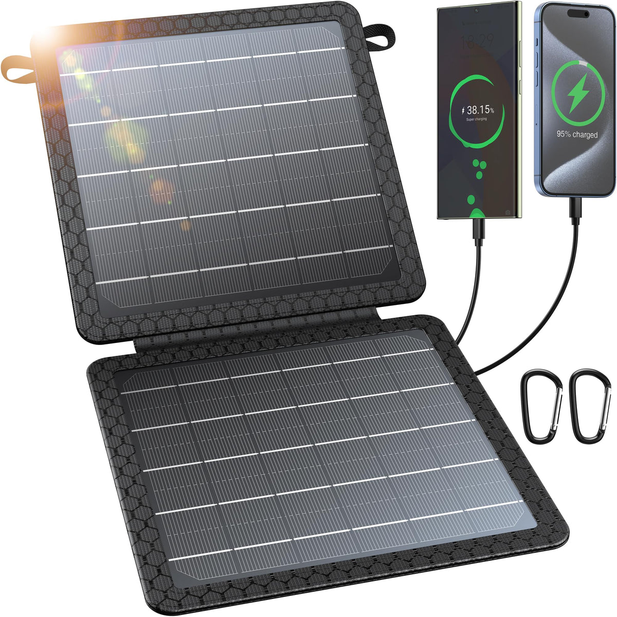 BLAVOR 10W solar charger folded compact attached to a backpack for on-the-go power.