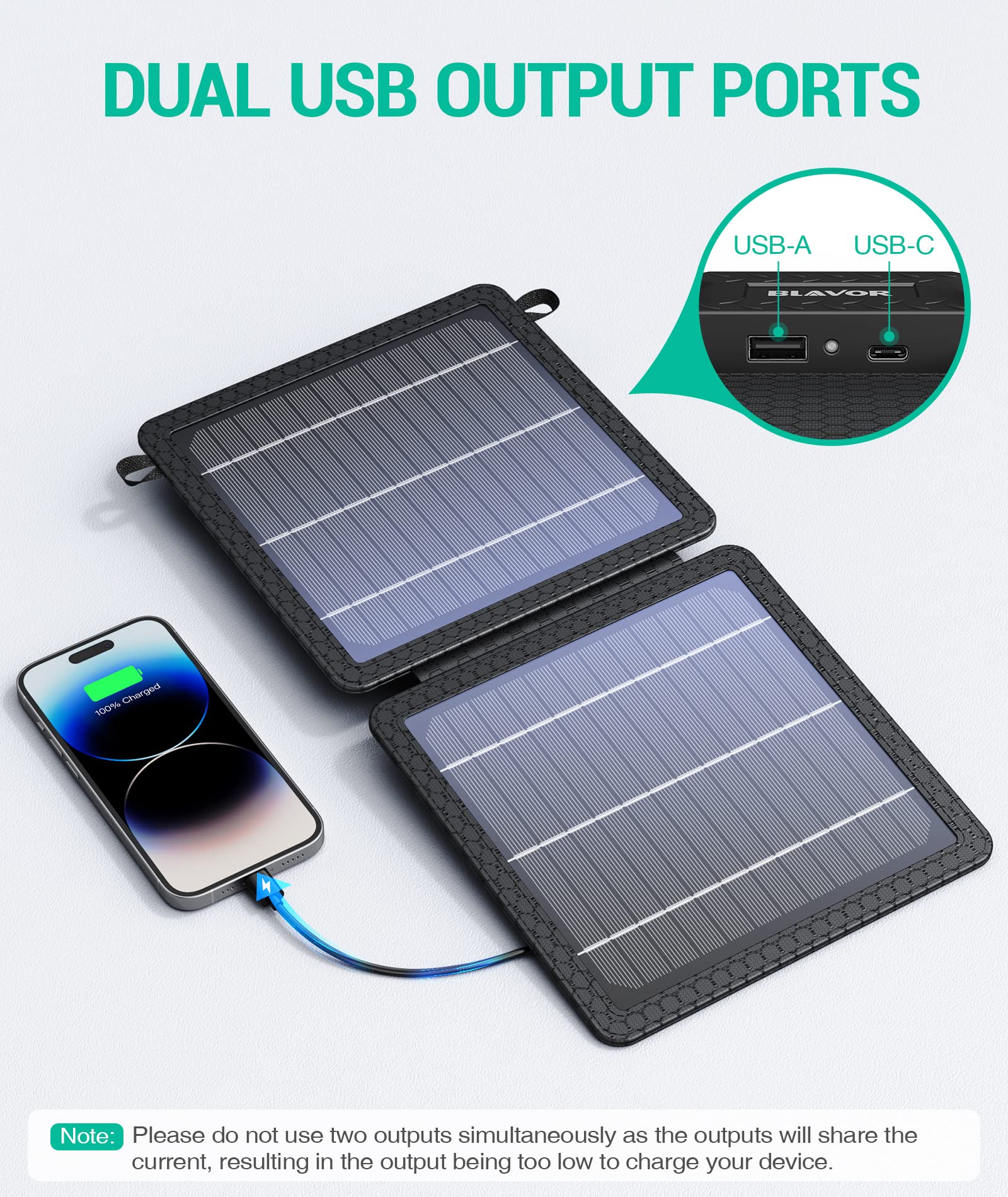 BLAVOR with USB-C and USB-A ports enabling simultaneous charging of phone and tablet.