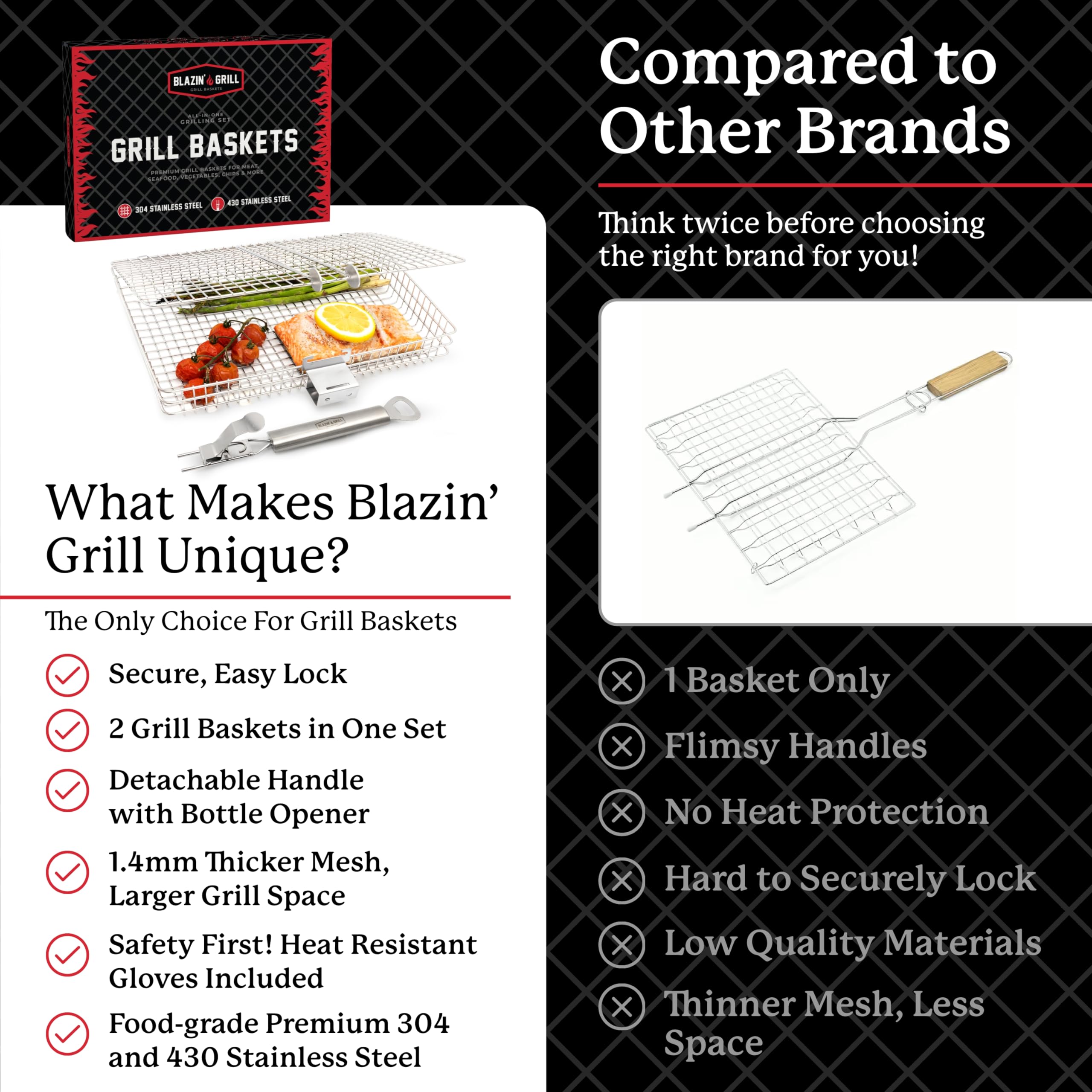 Blazin' Grill 304-stainless-steel-mesh offers durability for long grilling sessions.