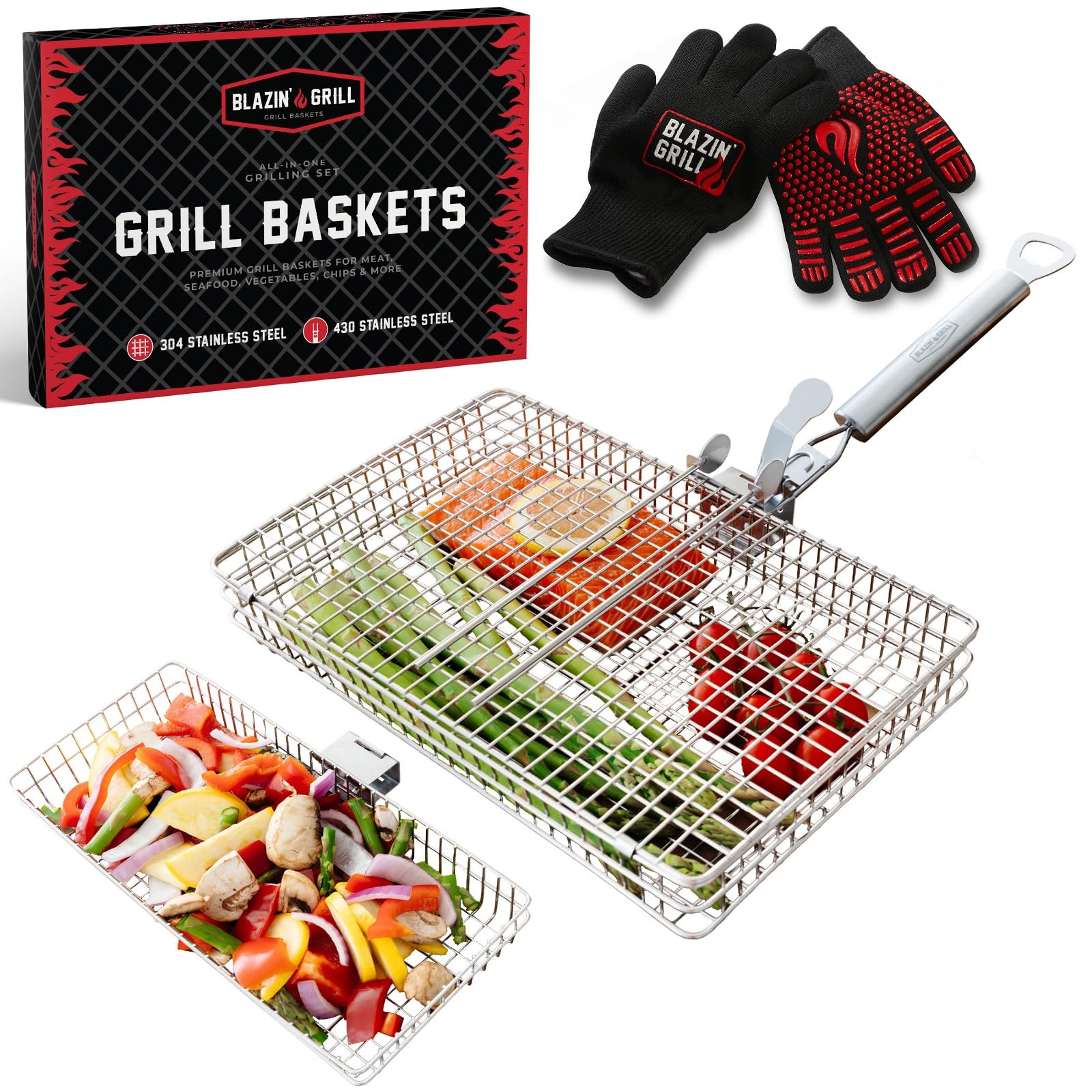 Blazin' Grill basket on grill ensures even cooking for vegetables.