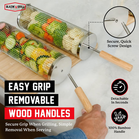 Blazin' Grill gloves shown with rolling basket for safe handling.