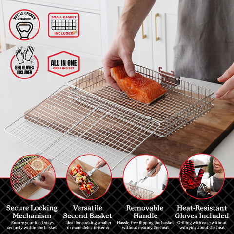 Blazin' Grill heat-resistant-gloves protect hands while handling hot baskets.