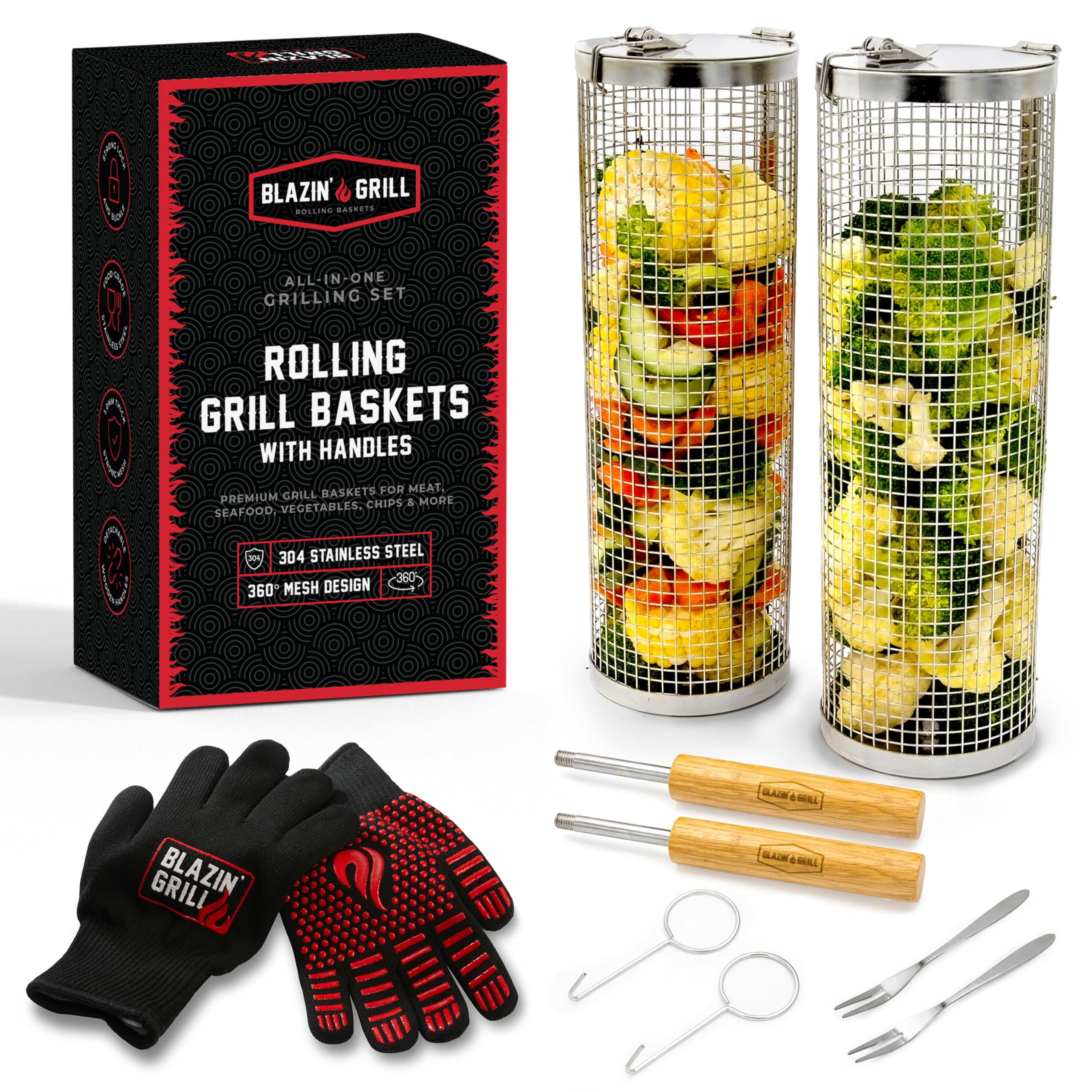 Blazin' Grill rolling basket front view demonstrates compact stainless design for even cooking.