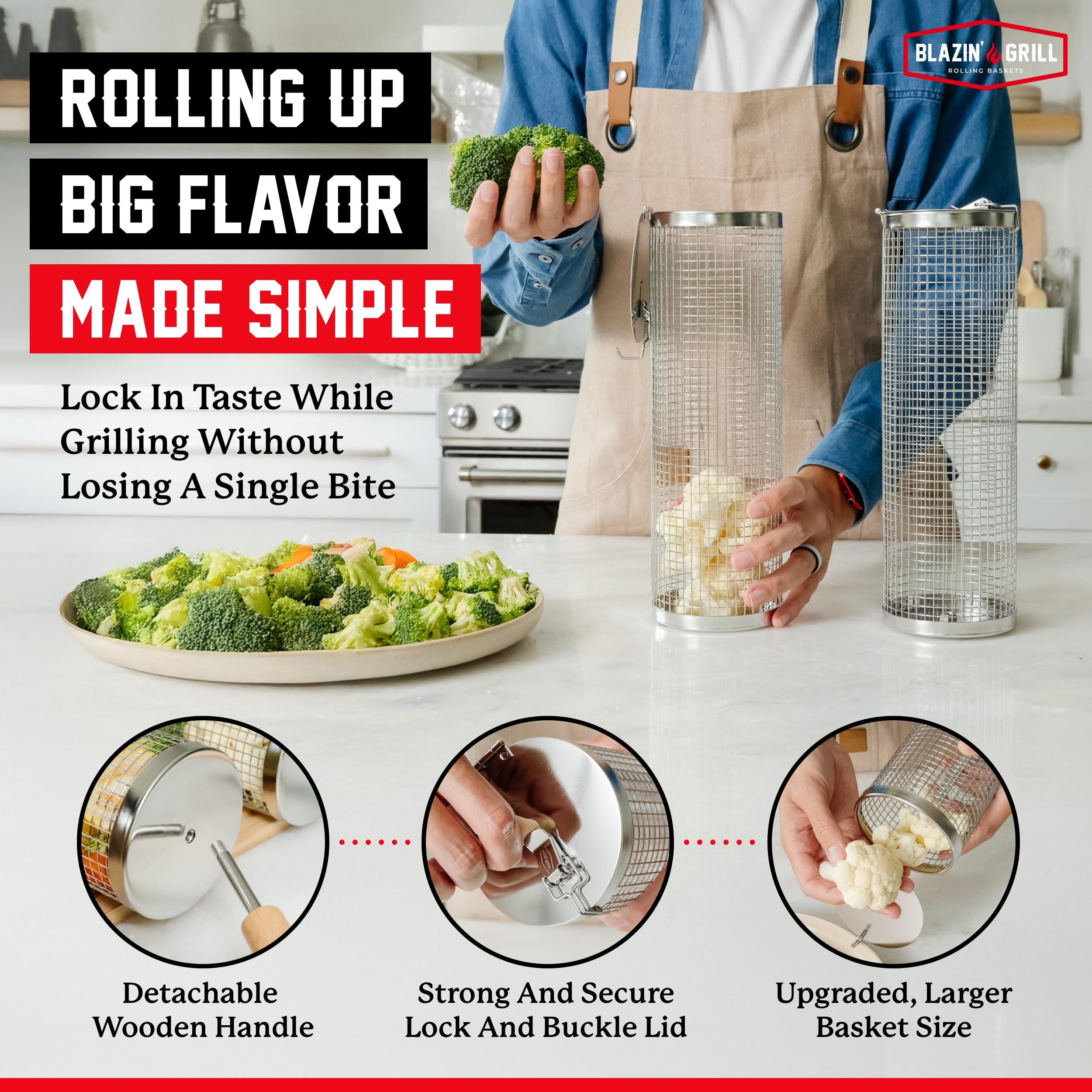 Blazin' Grill rolling basket lid-lock feature ensures secure food containment.