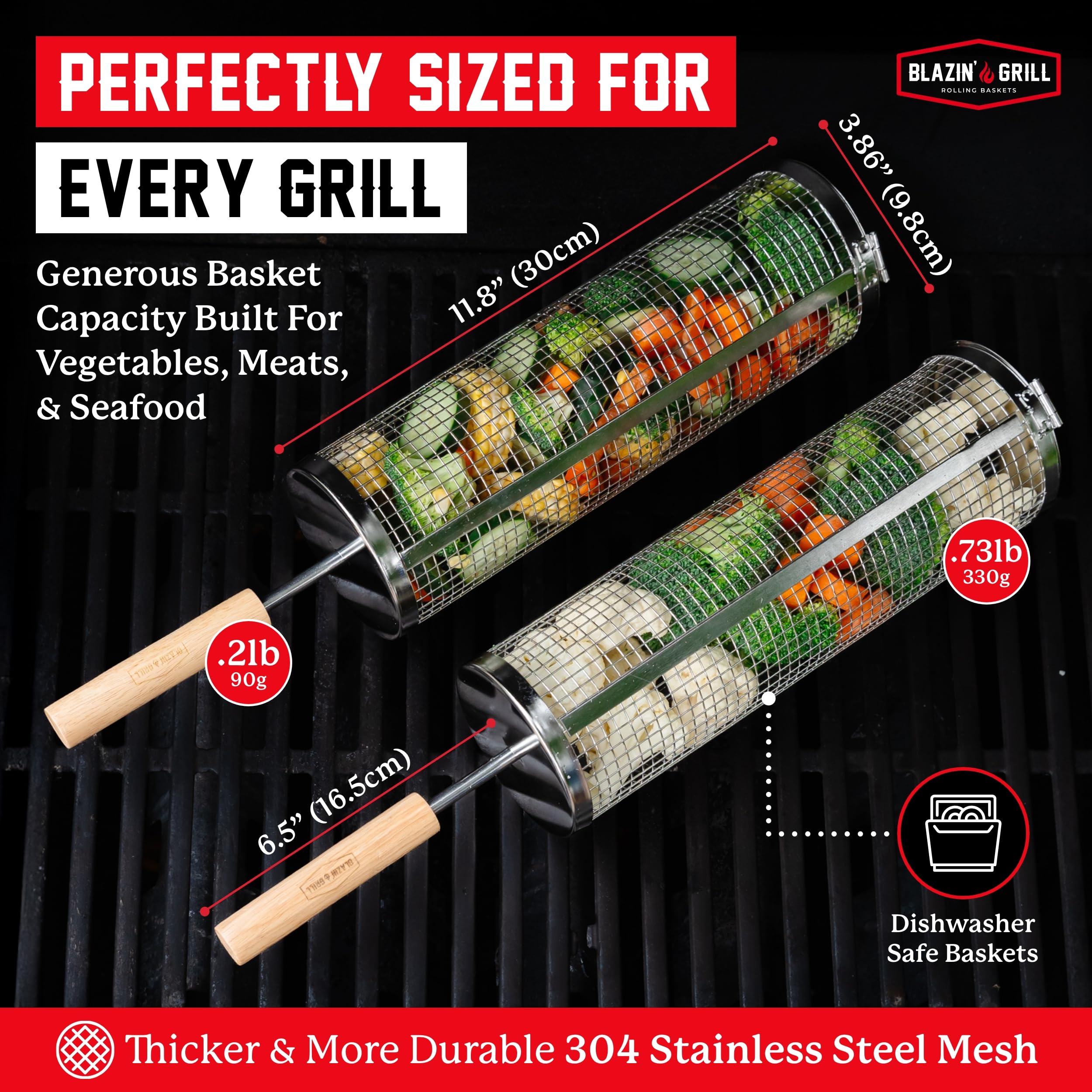 Blazin' Grill rolling basket in use on grill delivers consistent sear marks.