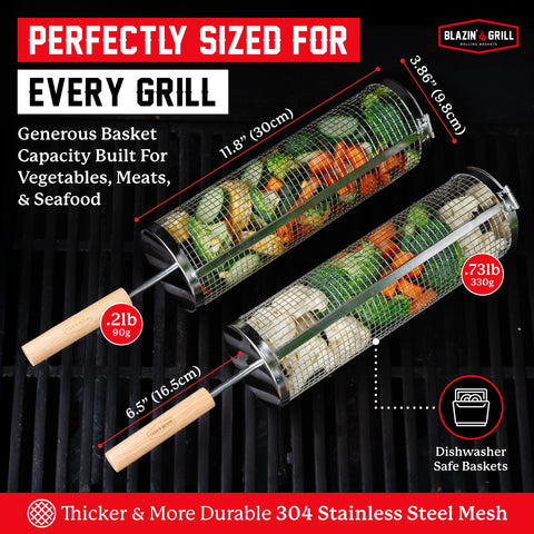 Blazin' Grill rolling basket in use on grill delivers consistent sear marks.
