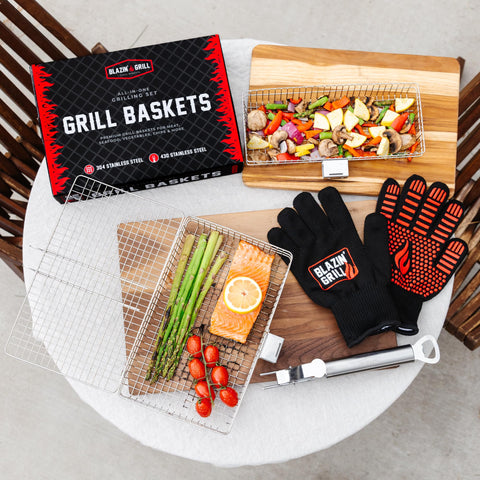 Blazin' Grill seafood on basket cooks evenly with distinct grill marks.