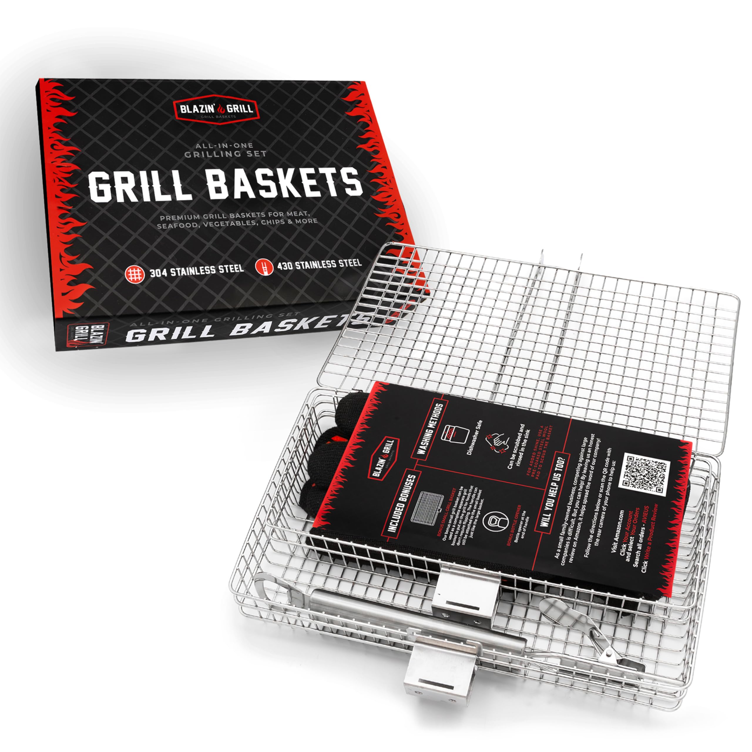 Blazin' Grill twist-lock-basket securely holds food during grilling.