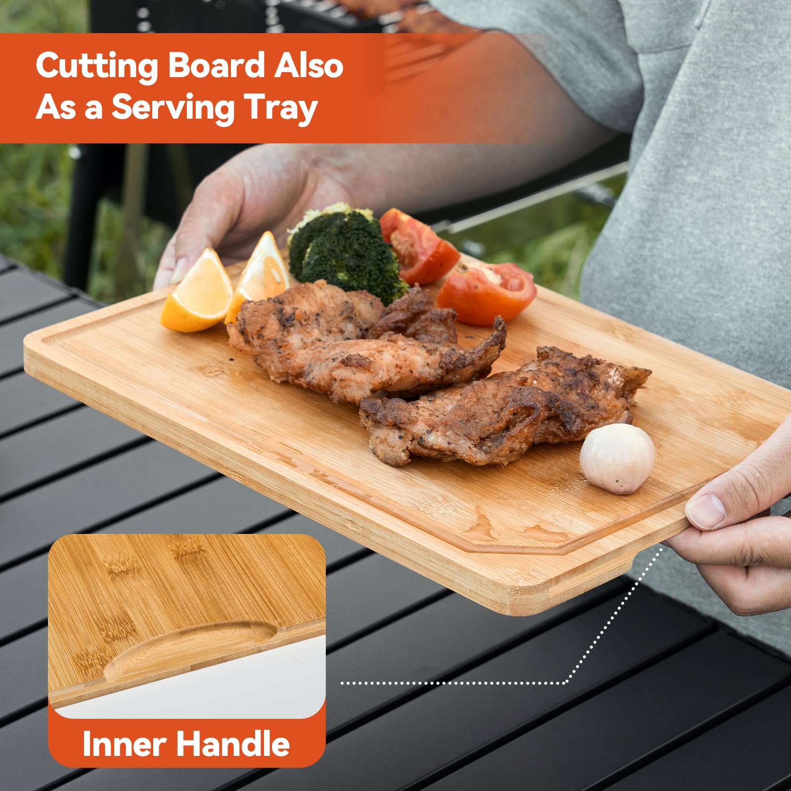 BLAZPATH bamboo cutting board with juice groove as prep and serving surface.