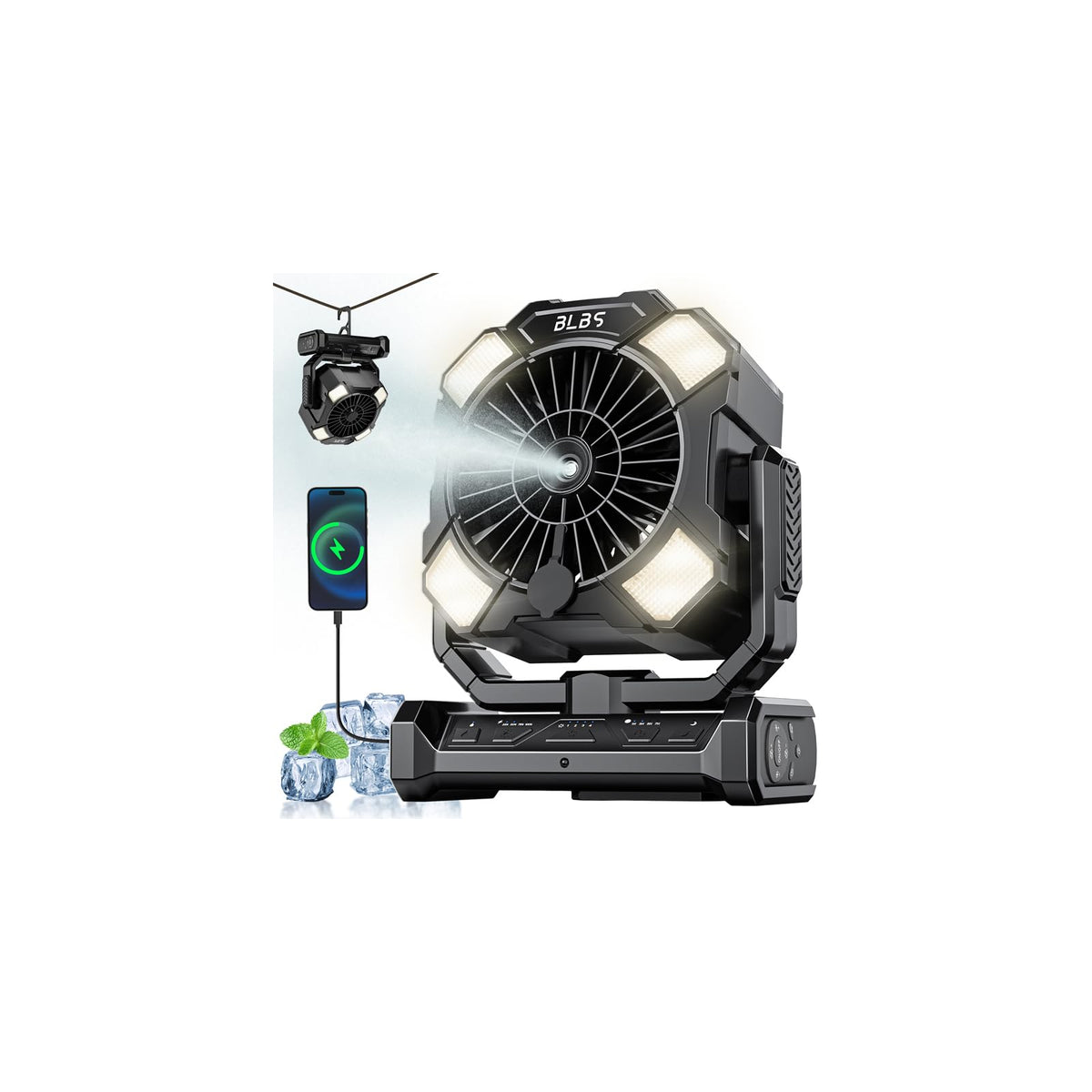 BLBS portable misting fan front-angle view for outdoor cooling.