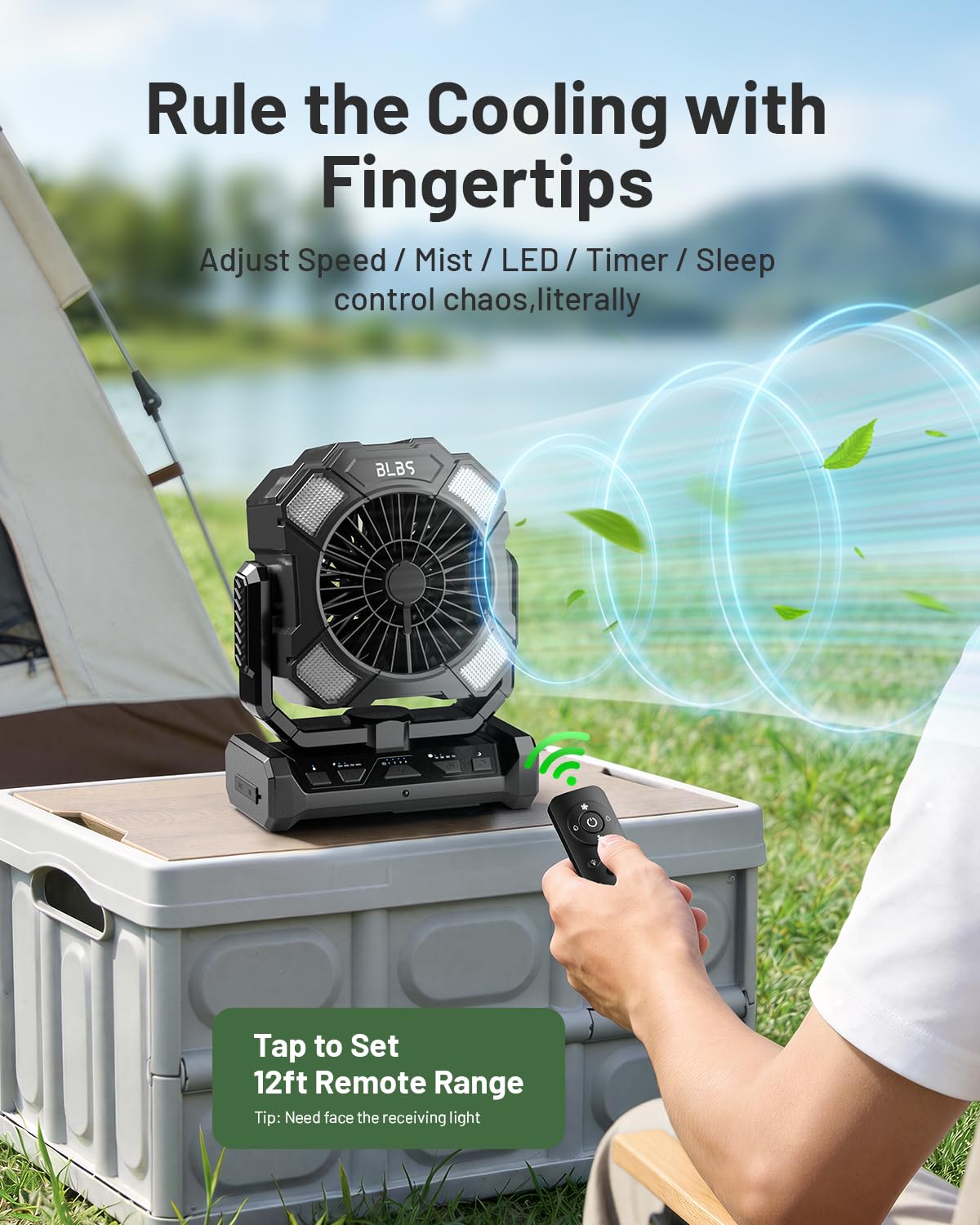 BLBS portable misting fan in outdoor use for camping scenarios.