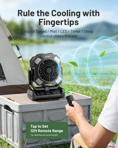BLBS portable misting fan in outdoor use for camping scenarios.