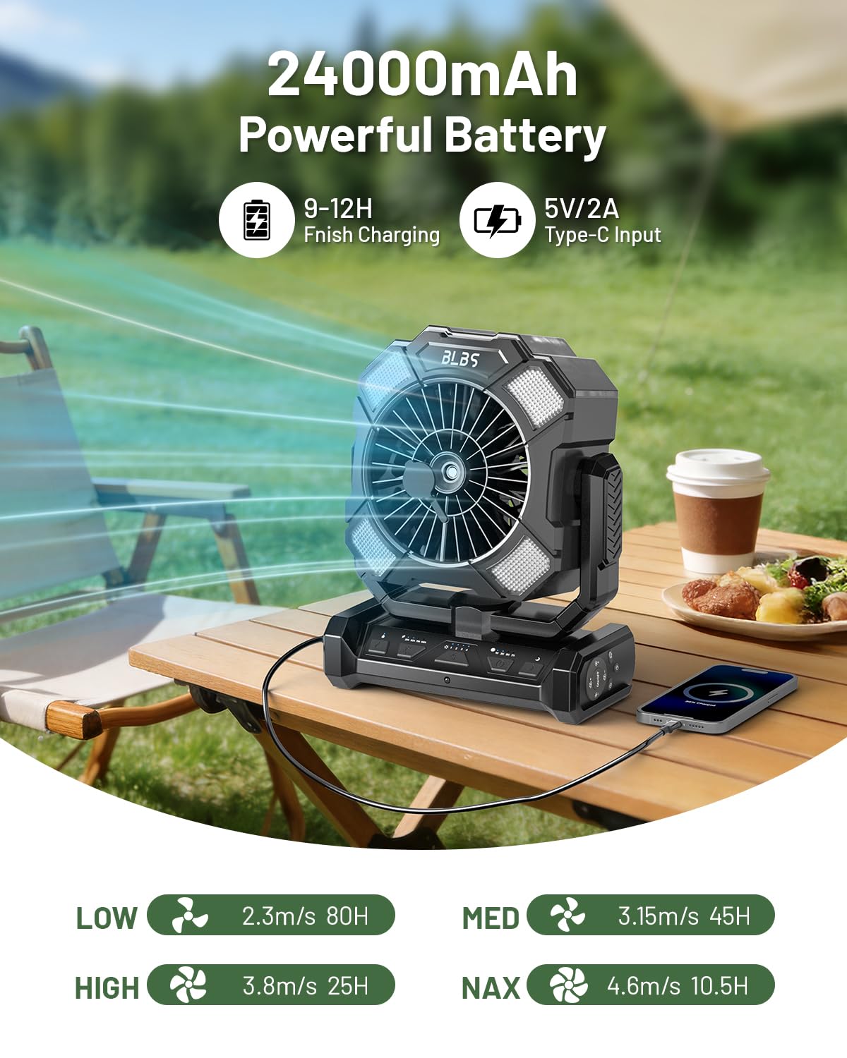 BLBS misting fan showing 300ml water tank for longer cooling sessions.