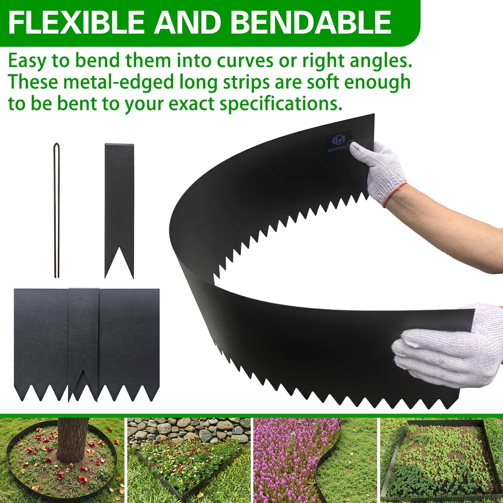 BLENNACY flexible bendable edging in use along curved garden edge.