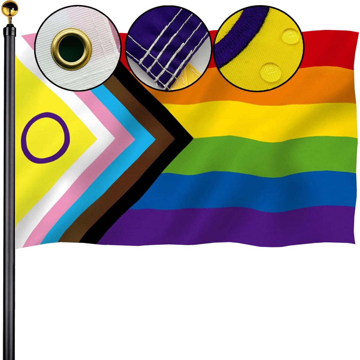 Bleshope Intersex Progress Pride Flag with embroidered circle for outdoor visibility.