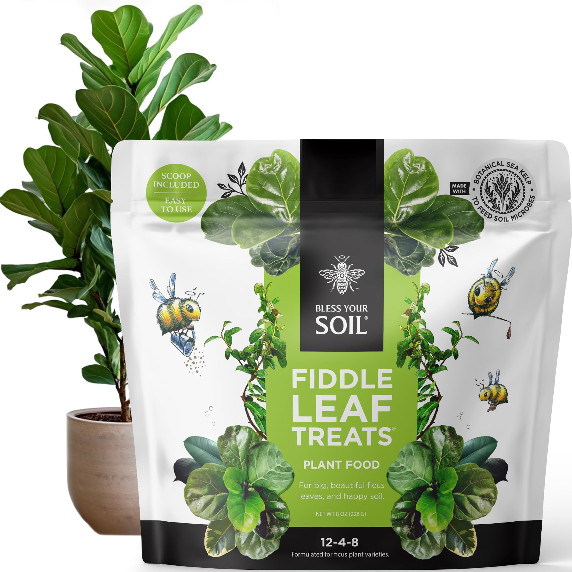 Bless Your Soil Fiddle Leaf Treats bottle front view shows fast acting growth for ficus